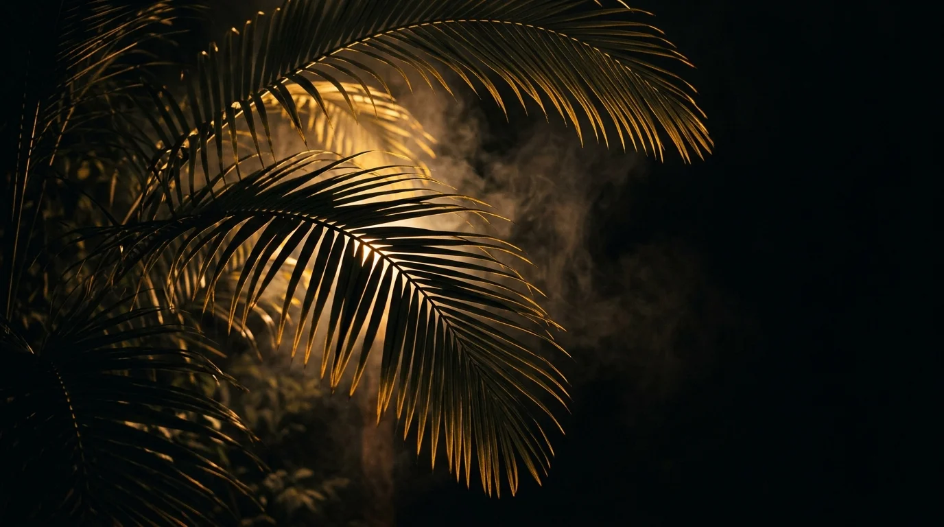 Dunkle Palmwedel, von warmem Licht hinterleuchtet, mit feinem Rauch vor nahezu schwarzem Hintergrund
