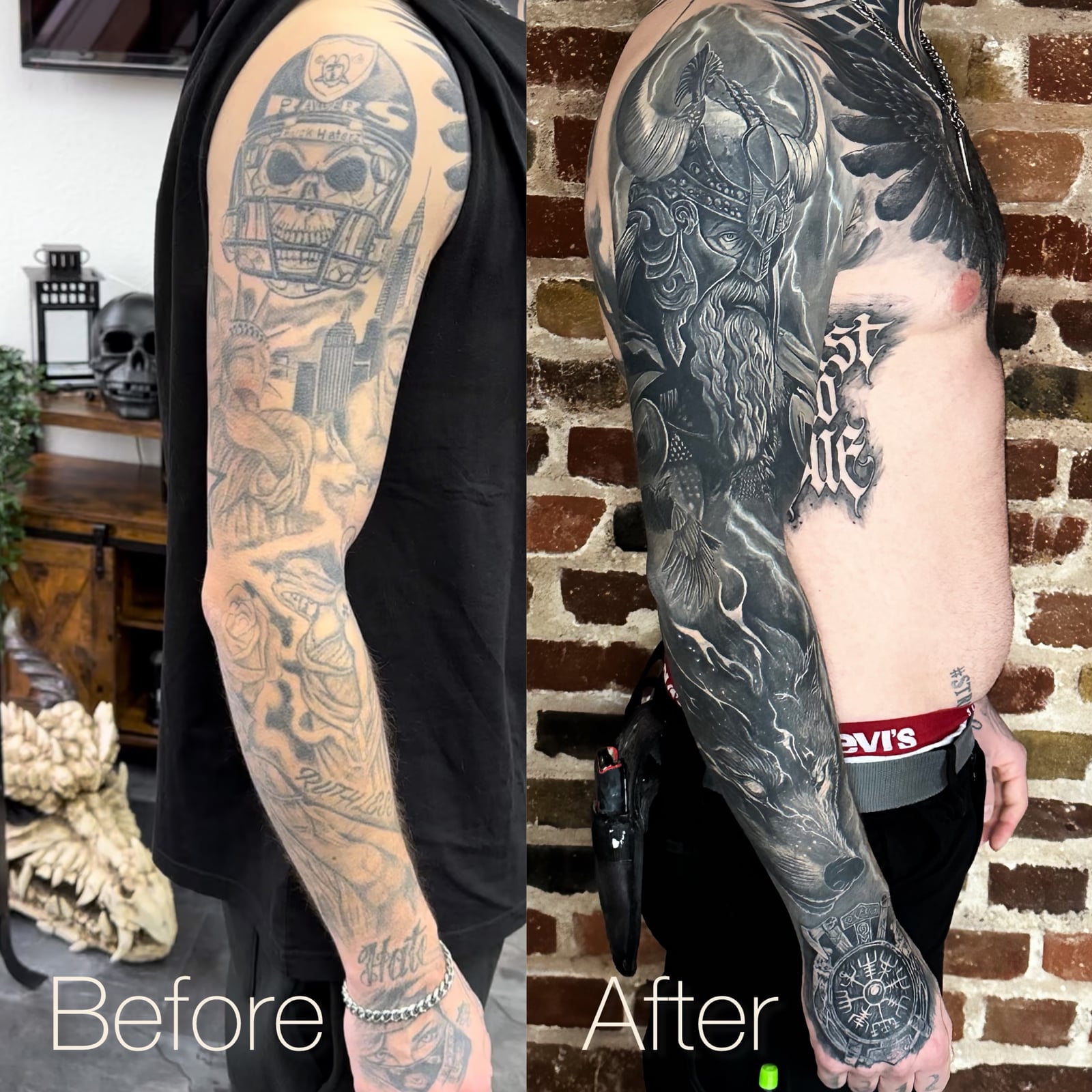 Cover-up Vorher/Nachher: Sleeve mit Totenkopf und Krieger